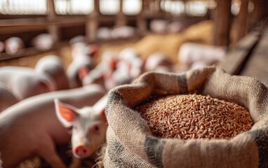Pigs eating grain in a rustic barn at midday on a farm raising livestock