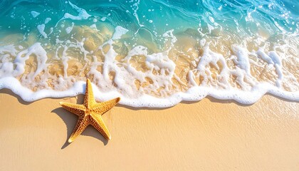 Golden starfish on a sandy beach with ocean waves