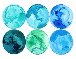 Six circular watercolor paintings, varying shades of teal, turquoise, and blue, depict abstract landscapes