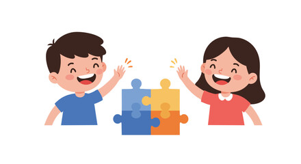 Obraz premium two children, a boy and a girl, giving each other a high five with big smiles after completing a puzzle together.