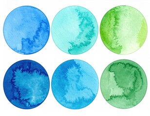 Six circular watercolor washes of varying shades of blue and green