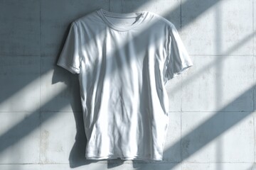 Clean Minimalist White T-Shirt Hanging on Wall with Soft Shadows
