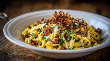 German spaetzle egg noodles cheese and crispy onions