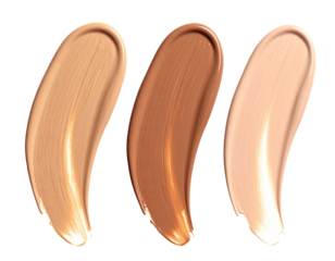 Three swatches of foundation in different shades of beige and tan, displayed against a black background.  The swatches are smooth and appear creamy