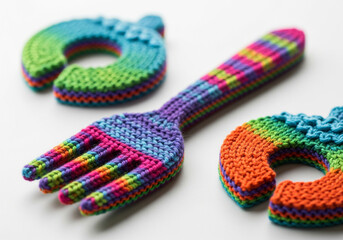 Obraz premium Colorful hand-knitted fork sculpture and letters crafted from vibrant rainbow wool, a whimsical piece of textile art