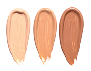 Three shades of foundation,  smooth and creamy textures,  light, medium, and dark tones displayed