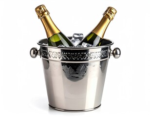 Two champagne bottles in a silver ice bucket