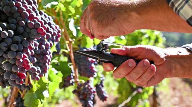 Cannonau grapes. The agronomist farmer in the vineyard squeezes the grape on the refractometer to measure the sugar content. Traditional agriculture in Sardinia. Footage, slow motion.