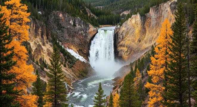Grand waterfall in canyon landscape with autumn colors