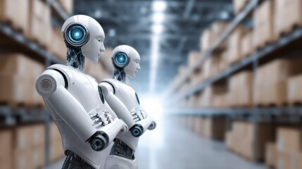 Robotic Workforce in Logistics: A futuristic scene of sleek, humanoid robots standing alert in a vast warehouse, symbolizing automation, efficiency, and the future of industry.