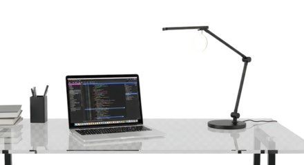 Modern Desk with Laptop and Lamp on Transparent Background