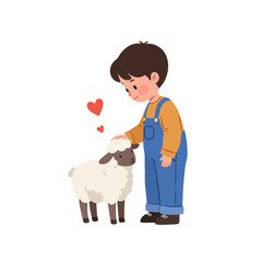 a child wearing overalls, gently petting a small, fluffy white lamb