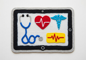 Obraz premium Digital Health Tablet Displaying Medical Symbols in Knitted Design