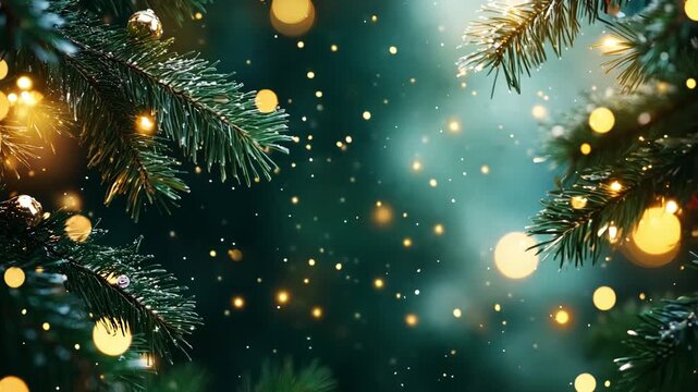 Glowing lights and soft snowflakes fill the air among evergreen branches, creating a festive atmosphere for the Christmas holiday season