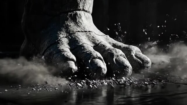 Statue Foot Detail Shows Texture and Decay in Harsh Light on Stone Floor