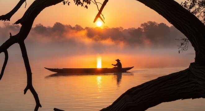 Boat with Man Paddling on Foggy River at Sunrise