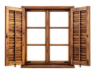 Wooden window with open shutters.  A full view of a  light brown wooden window with  multiple panes and louvered shutters. The shutters are open, showcasing a plain white interior