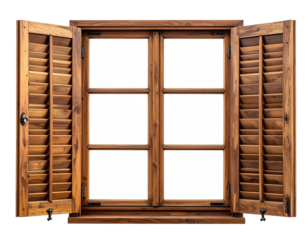 Wooden window with open shutters.  A full view of a  light brown wooden window with  multiple panes and louvered shutters. The shutters are open, showcasing a plain white interior