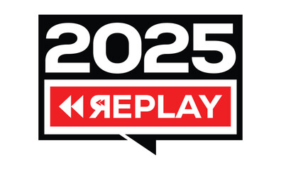 Minimalist 2025 logo design with bold black numerals above a red bar. White text "REPLAY" with rewind and play symbols inside. Clean, modern, flat graphic style on white background.	