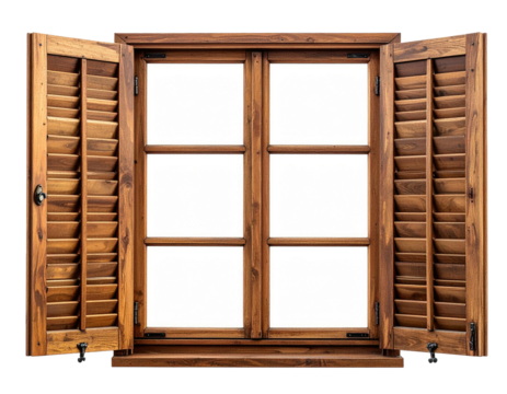 Wooden window with open shutters.  A full view of a  light brown wooden window with  multiple panes and louvered shutters. The shutters are open, showcasing a plain white interior