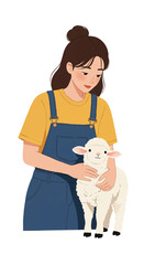 Flat Illustration of a Young Woman Caring for a Cute Baby Sheep