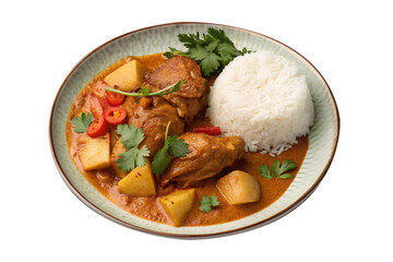 Rich and aromatic Thai Massaman curry with chicken, potatoes, chili, and herbs, served with fluffy white jasmine rice.
