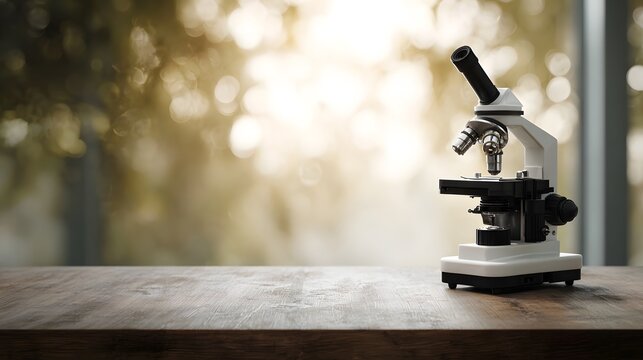 A white laboratory microscope is placed on a wooden table with a blurred natural background - Powered by Adobe