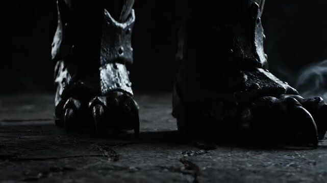 Close up of a Dark, Metallic Creature's Foot With Sharp Claws Standing on a Cracked, Stone Surface in a Dark Place