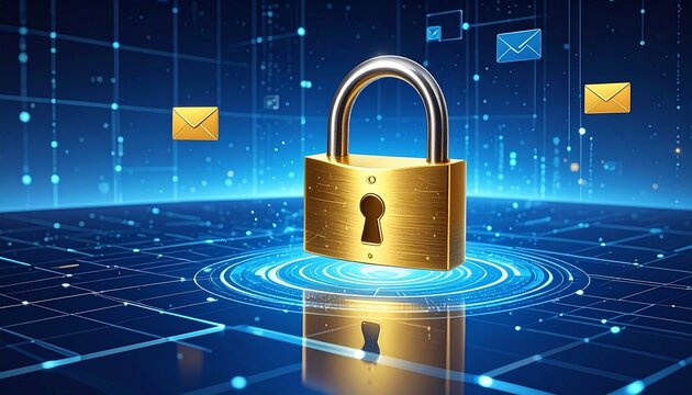 Golden padlock on glowing platform surrounded by email icons in digital blue network.
