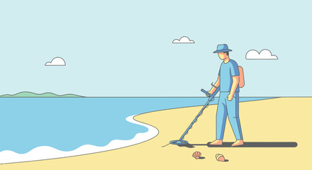 Curious explorer searches sandy beach shoreline for hidden treasures with metal detector under vast blue sky