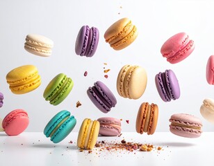 Colorful macarons in mid-air, scattered on a white surface
