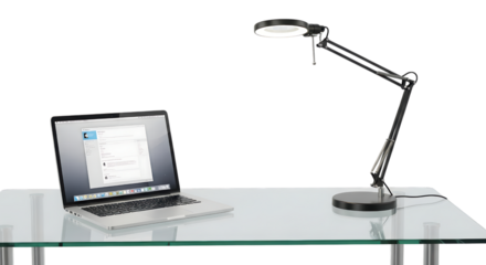 Laptop and Modern Desk Lamp on a Glass Table on transparent background