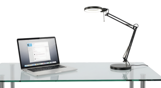 Laptop and Modern Desk Lamp on a Glass Table on transparent background