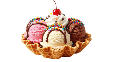 Delicious Ice Cream Sundae with Cherry on Top on Transparent Background