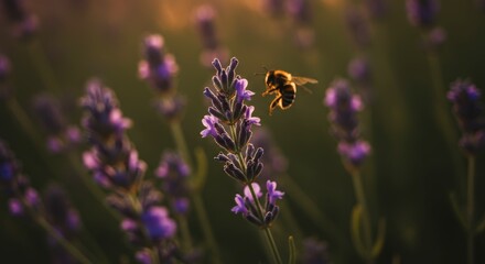 Honeybee on lavender flower in sunset light