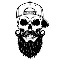 Angry skull with a long beard and backwards baseball cap, biker, hipster, tattoo, grunge, rebel