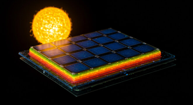 Perovskite solar cell glowing under simulated sun.