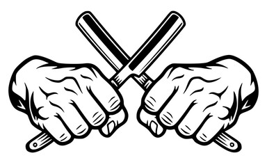 Two hands holding crossed straight razors, barber, shaving, grooming, vintage, sharp