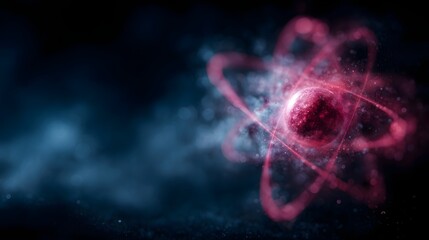A stylized atom with glowing orbits and nucleus against a dark smoky background