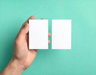 Fototapeta premium Hand holding two blank white cards against mint green background (1)