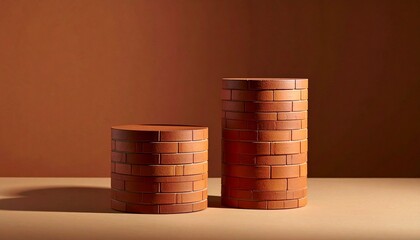 Two brick cylinders of different sizes on warm-toned surface.
