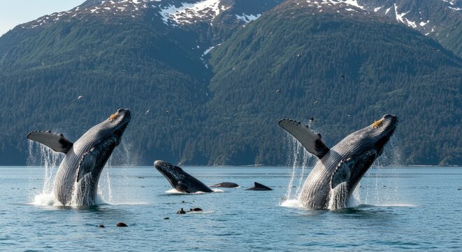 Humpback whales breaching in a fjord