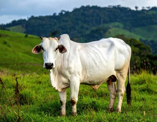 White bull in grassy pasture, hills in background