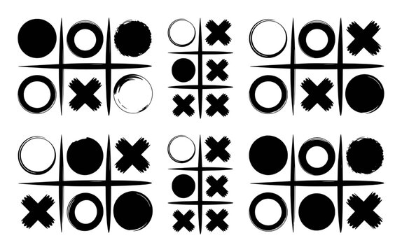 Black and White Tic-Tac-Toe Grids with Brush Stroke Xs and Os