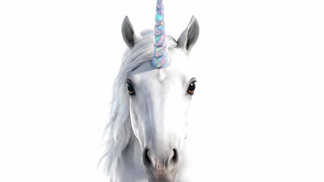 White Unicorn Standing and Looking Forward in Front of a White Background With a Visible Iridescent Horn