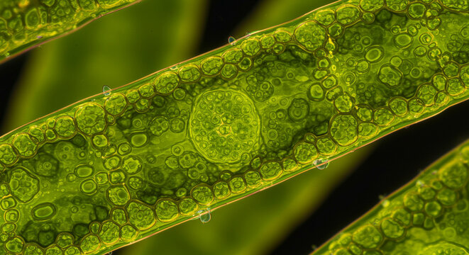 Edible algae cells magnified under microscope.