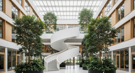 Modern Office Building Interior With Spiral Staircase and Lush Greenery