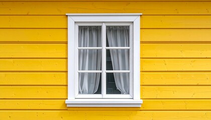 White six-pane window with curtains on bright yellow wooden wall.
