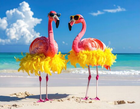 Pink flamingos in sunglasses and yellow feathered skirts on a tropical beach