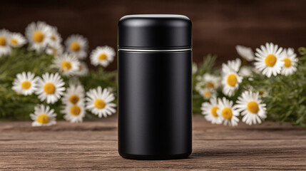 Elegant matte black container nestled amongst vibrant daisies on rustic wood natural products